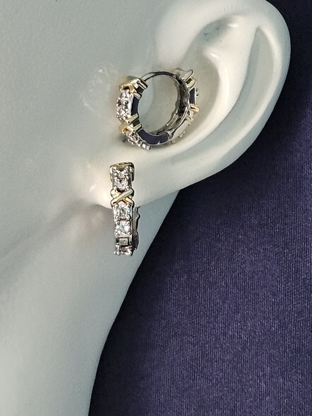 Two-Tone Crystal Huggie Hoop Earrings - Silver & Gold